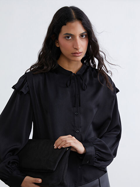 LCW Modest Grandad Collar Frilled Satin Blouse - W5MN10Z8-HFF