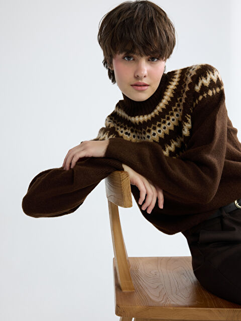 XSIDE Yarım Balıkçı Yaka Desenli Kadın Triko Kazak	 - W5MT40Z8-1VF