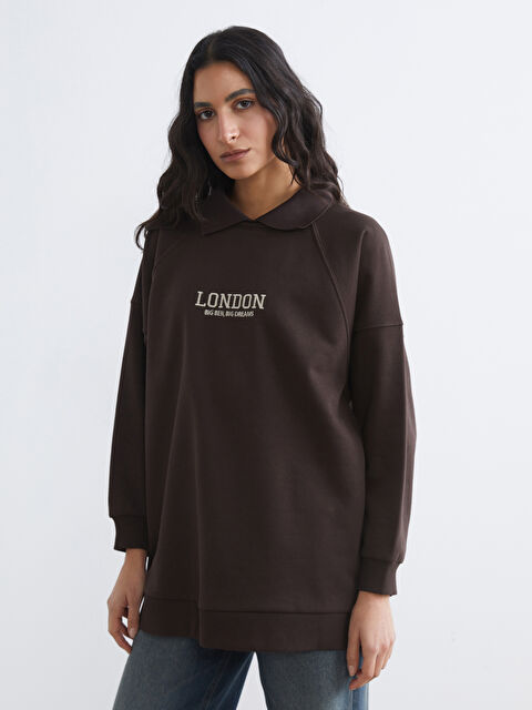 LCW Modest London Nakışlı Kadın Kalın Sweatshirt Tunik - W5MY31Z8-HMK