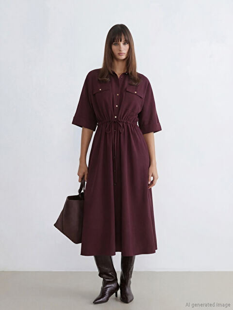 LCW Vision Büzgülü Krep Gömlek Elbise - W5N101Z8-F7F