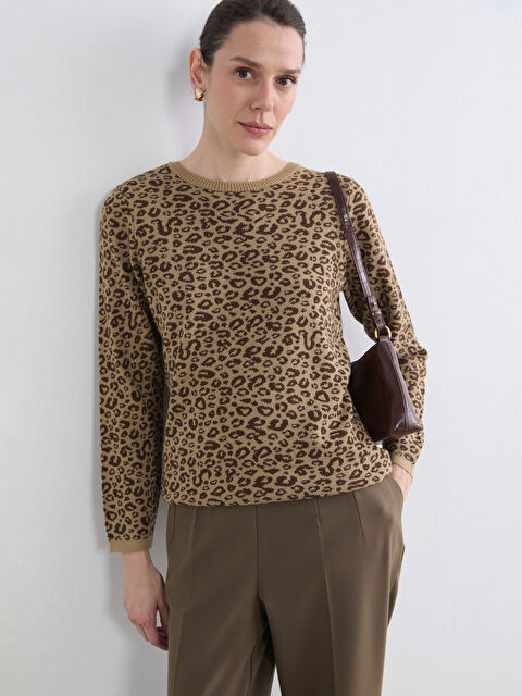 LCW Grace Bisiklet Yaka Leopar Desenli Kadın Triko Kazak - W5N311Z8-MJD