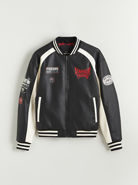 XSIDE Loose Fit Stranger Things Printed Men's Faux Leather Jacket
