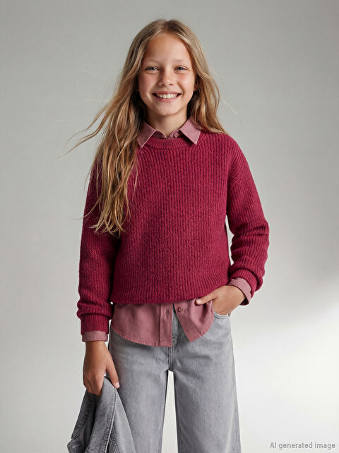 LCW Kids Bisiklet Yaka Kız Çocuk Triko Kazak - W5NC96Z4-GV8