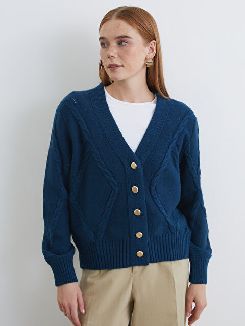 LCW Modest V Yaka Desenli Kadın Triko Hırka - W5NE45Z8-EXG