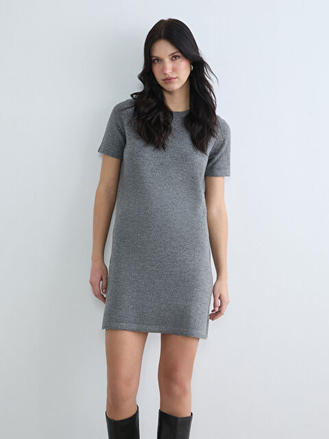 LCW Comfort Bisiklet Yaka Taşlı Mini Triko Elbise - W5NE51Z8-D1J