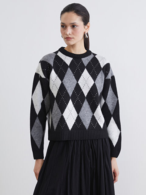 LCW Modest Bisiklet Yaka Baklava Desenli Kadın Triko Tunik - W5NE62Z8-MHH