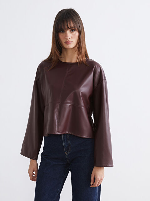 Soulife Bisiklet Yaka Deri Görünümlü Bluz - W5NE72Z8-CZF