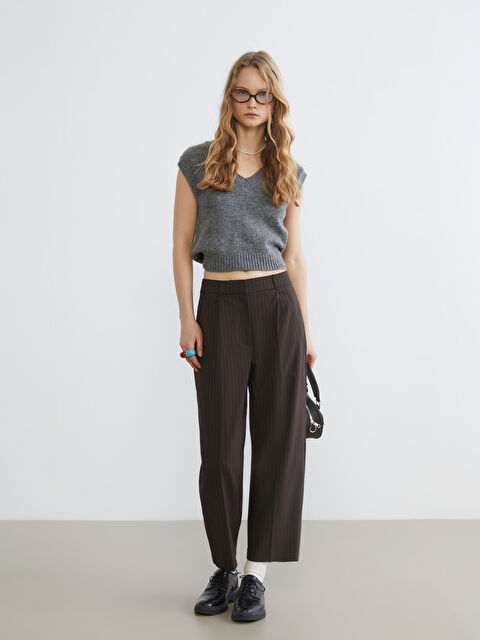 XSIDE Loose Fit Striped Women's Pleated Trousers - W5NF23Z8-LEW