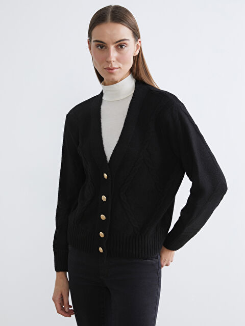 LCW Comfort V Yaka Kendinden Desenli Kadın Triko Hırka - W5NK44Z8-CVL