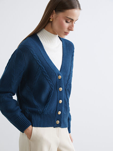 LCW Comfort V Yaka Kendinden Desenli Kadın Triko Hırka - W5NK44Z8-EXG