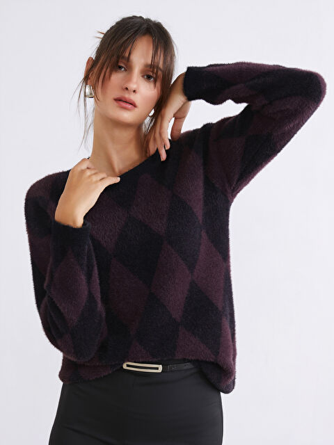 Soulife Bisiklet Yaka Baklava Desenli Kadın Triko Kazak - W5NM77Z8-LQV