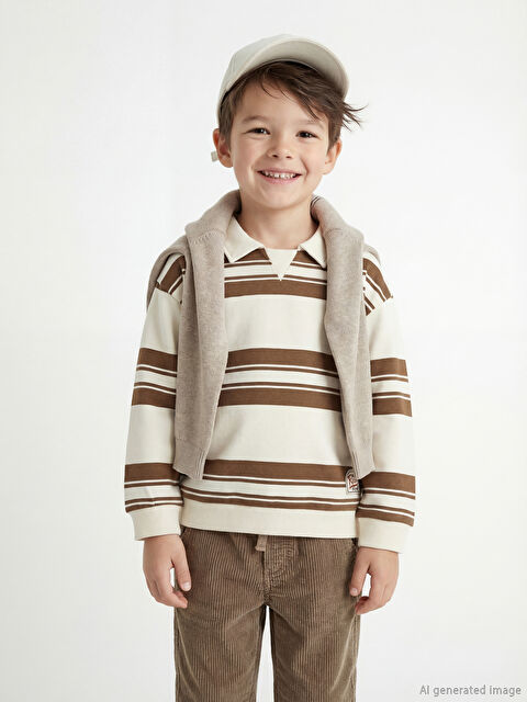 LCW Kids Polo Yaka Çizgili Erkek Çocuk Kalın Sweatshirt - W5NQ39Z1-LQA