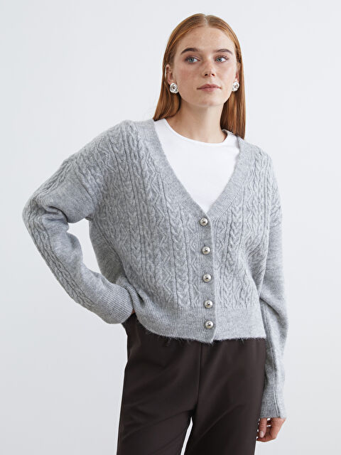 LCW Modest V Yaka Kendinden Desenli Kadın Triko Hırka - W5NQ94Z8-DKB