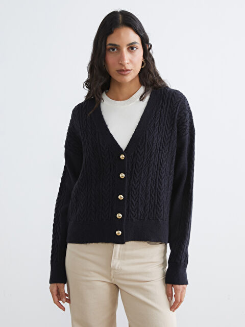 LCW Modest V Yaka Kendinden Desenli Kadın Triko Hırka - W5NQ94Z8-J2X