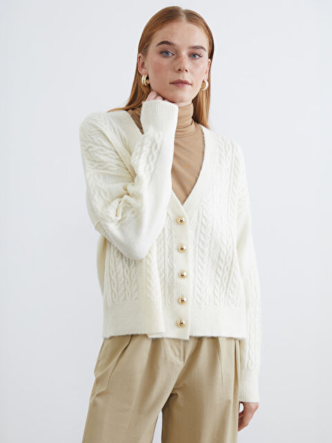 LCW Modest V Yaka Kendinden Desenli Kadın Triko Hırka - W5NQ94Z8-V7F