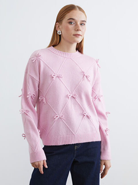 LCW Modest Bisiklet Yaka Fiyonklu Kadın Triko Kazak	 - W5NQ96Z8-1H3