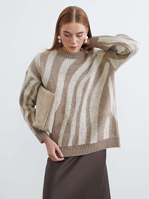 LCW Modest Bisiklet Yaka Zebra Desenli Kadın Triko Tunik - W5NR00Z8-MJD