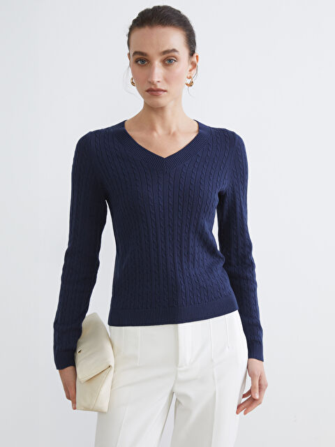 LCW Comfort V Neck Self-Patterned Women's Knitwear Sweater - W5NR56Z8-ZPK