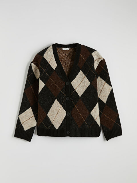 LCW Vision V Yaka Baklava Desenli Oversize Kadın Triko Hırka - W5NV35Z8-LLL