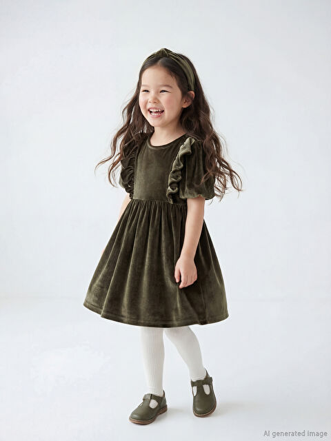 LCW Kids Bisiklet Yaka Fırfırlı Kız Çocuk Kadife Elbise - W5NV54Z1-EW6