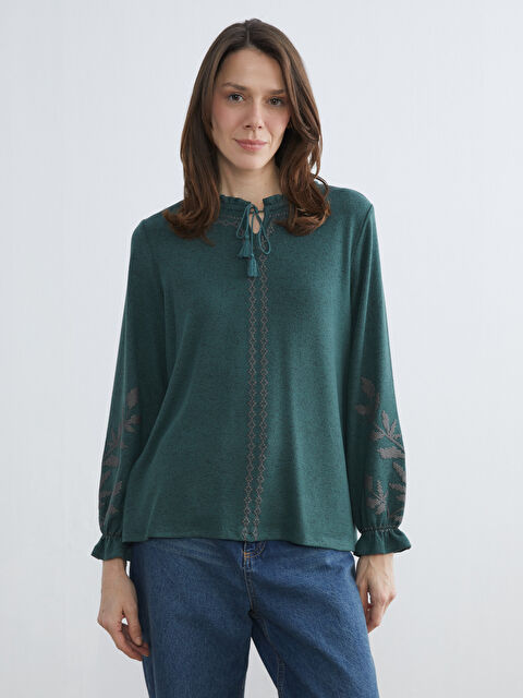 LCW Grace Frilled Tie Neck Patterned Blouse - W5O050Z8-H6Z