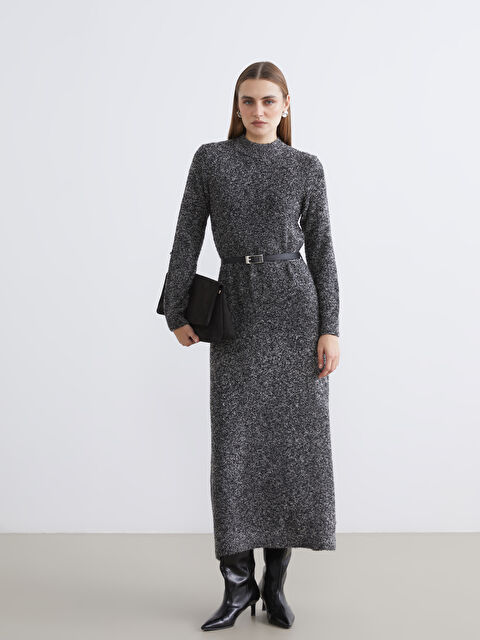 LCWAIKIKI Classic Beli Kemerli Dik Yaka Triko Elbise - W5O321Z8-D6Y