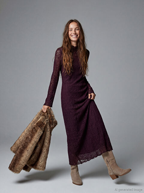 XSIDE Dik Yaka Dantelli Bodycon Elbise - W5O677Z8-ZHP