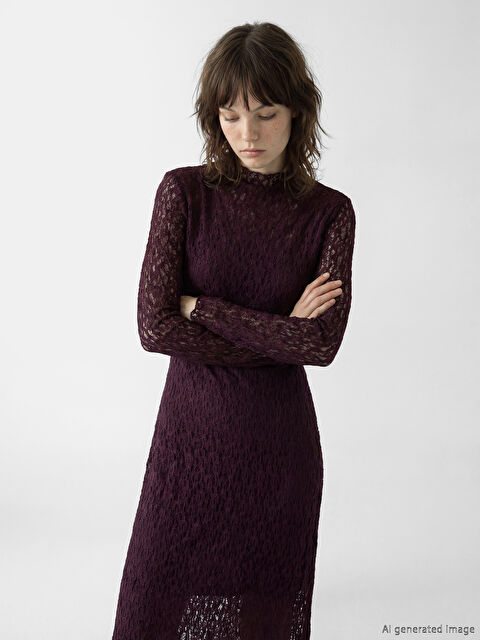 XSIDE Dik Yaka Dantelli Bodycon Elbise - W5O677Z8-ZHP