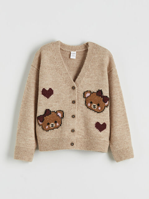 LCW Kids V Yaka Desenli Kız Çocuk Triko Hırka - W5OB42Z1-2OX