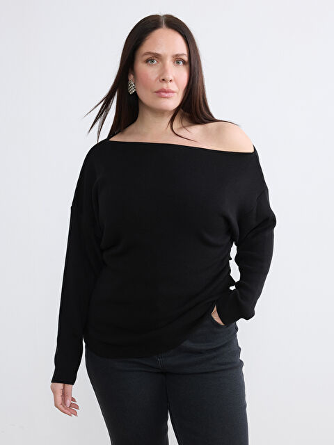 Soulife Büyük Beden Kayık Yaka Büzgülü Kadın Triko Kazak - W5OE16Z8-CVL