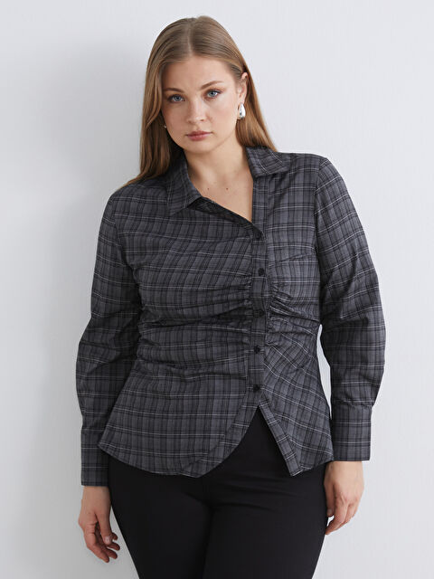 Soulife Büyük Beden Ekose Büzgülü Kadın Gömlek - W5OJ13Z8-LEG