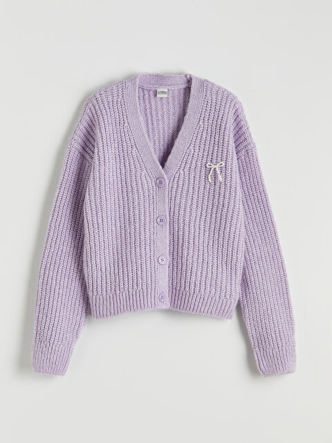 LCW Kids V Yaka Fiyonk Taşlı Kız Çocuk Triko Hırka - W5OJ18Z4-LB1