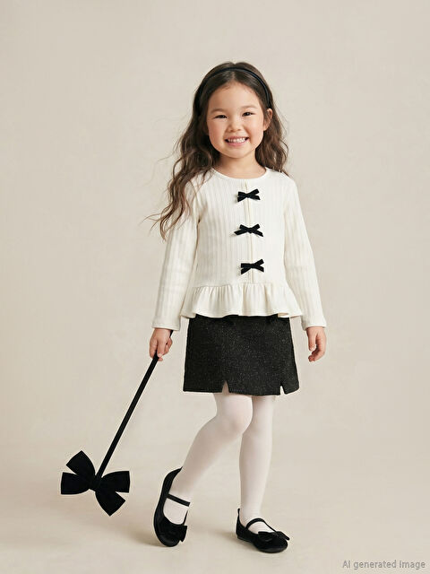 LCW Kids Bisiklet Yaka Fiyonk Detaylı Kız Çocuk Tişört - W5OJ31Z1-FDJ