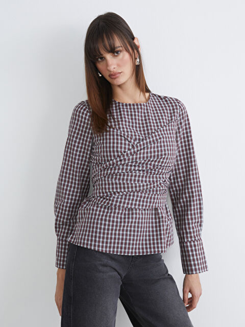 Soulife Bisiklet Yaka Ekose Büzgülü Bluz - W5OJ87Z8-LQV