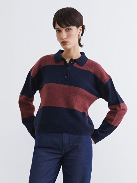 LCW Vision Polo Yaka Çizgili Kadın Triko Kazak - W5OK44Z8-LGS