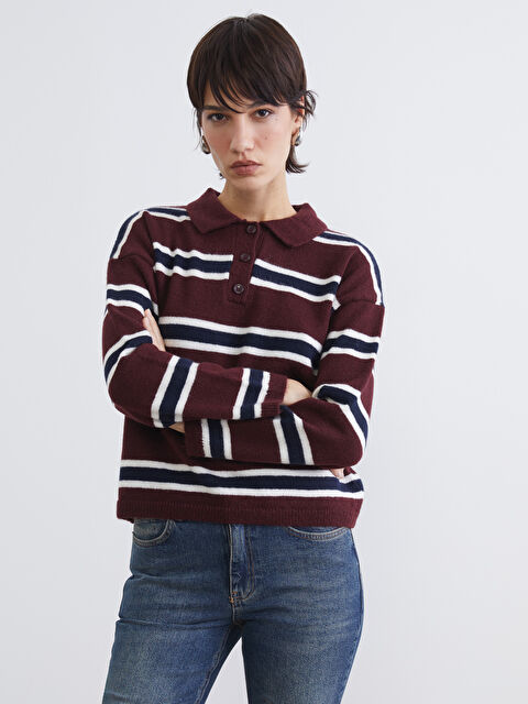 LCW Vision Polo Yaka Çizgili Kadın Triko Kazak - W5OK45Z8-E48