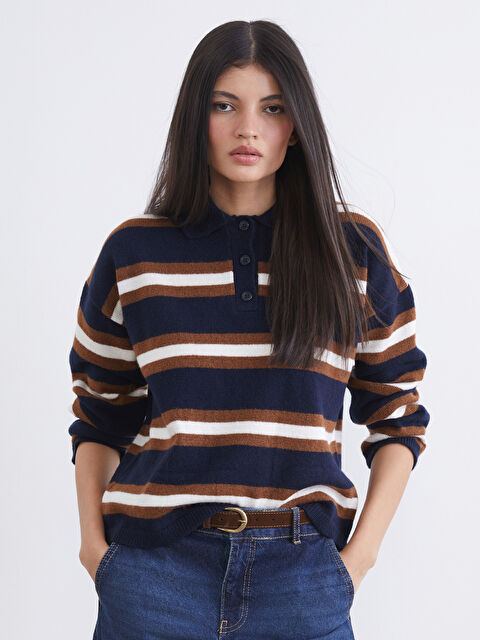 LCW Vision Polo Yaka Çizgili Kadın Triko Kazak - W5OK46Z8-LGS