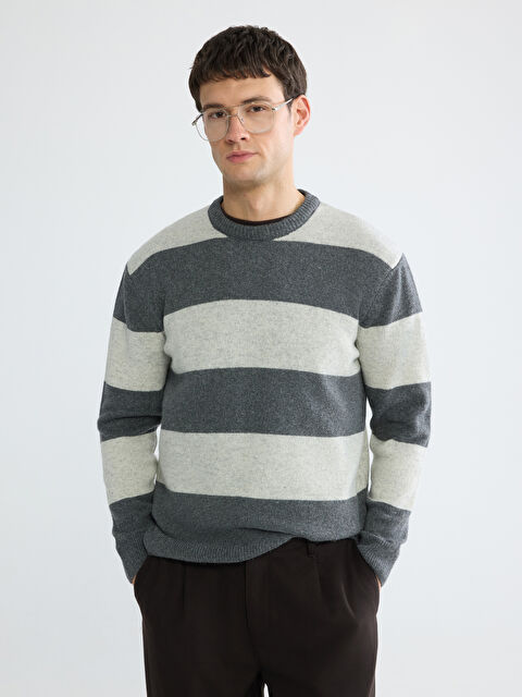 LCW Vision Bisiklet Yaka Çizgili Yün Karışımlı Erkek Triko Kazak - W5OL97Z8-LAL