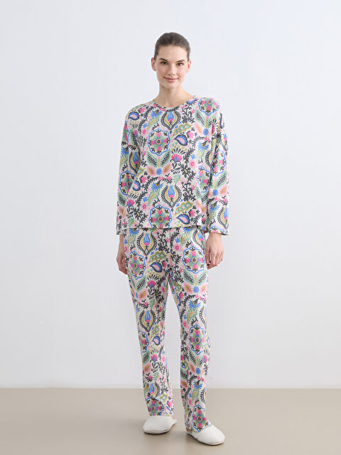 LCW DREAM Bisiklet Yaka Desenli Kadın Pijama Takımı - W5OM07Z8-LRA