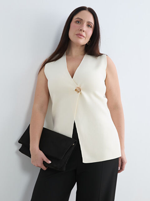 Soulife Büyük Beden V Yaka Kadın Triko Yelek	 - W5ON10Z8-FEQ