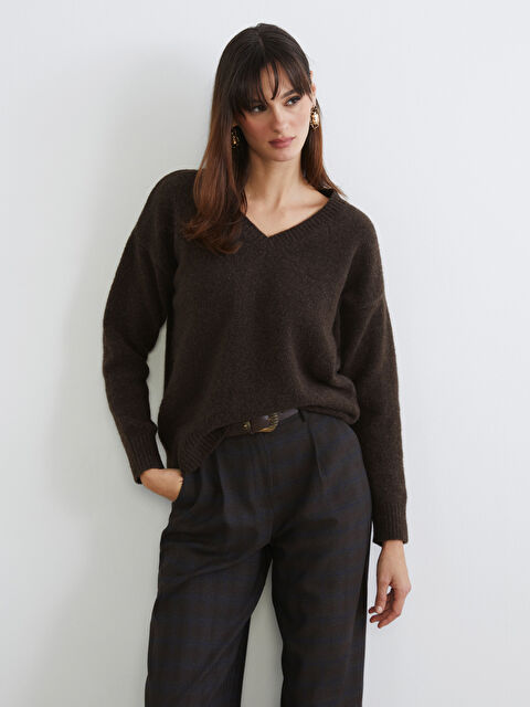 LCW Modest V Yaka Oversize Kadın Triko Kazak - W5ON17Z8-CT9