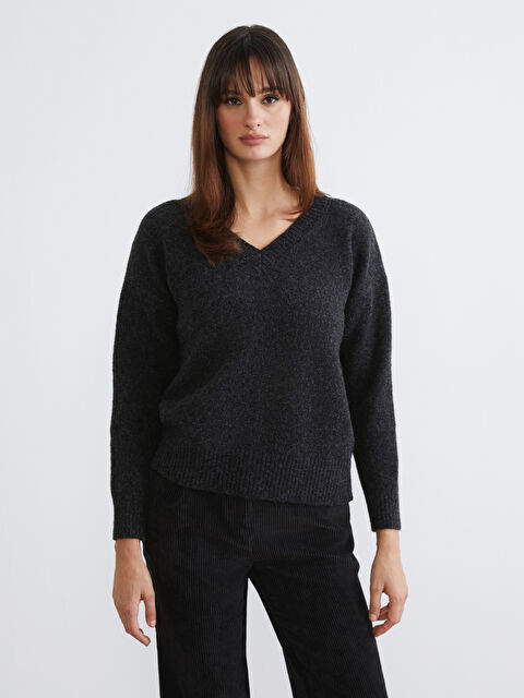 LCW Modest V Yaka Oversize Kadın Triko Kazak	 - W5ON17Z8-CTH