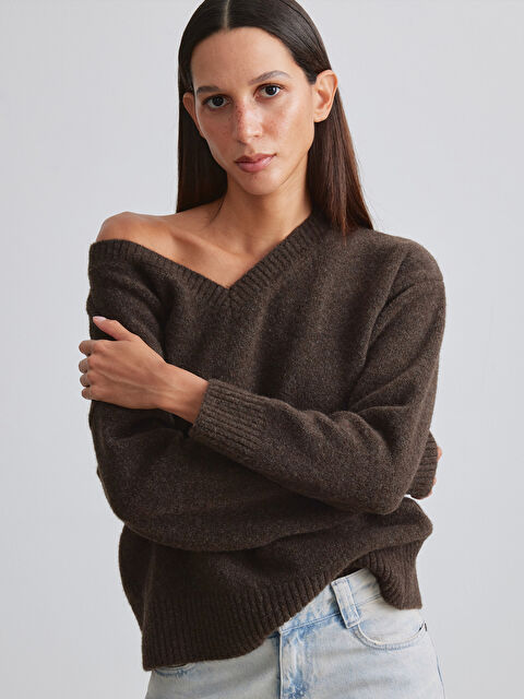 LCW Modest V Yaka Oversize Kadın Triko Kazak - W5ON17Z8-CT9