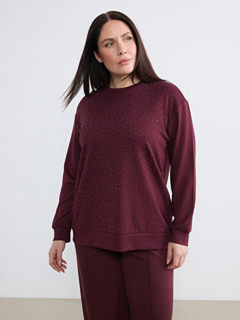 Soulife Büyük Beden Bisiklet Yaka Taşlı Kadın Sweatshirt - W5ON67Z8-CZF