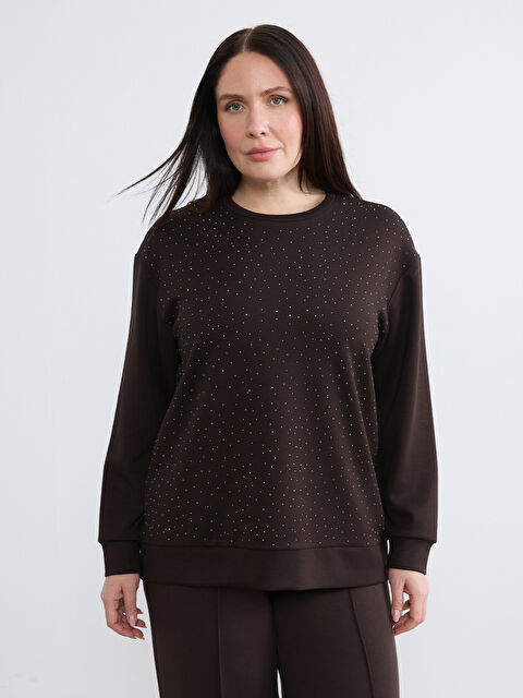 Soulife Büyük Beden Bisiklet Yaka Taşlı Kadın Sweatshirt - W5ON67Z8-J0V