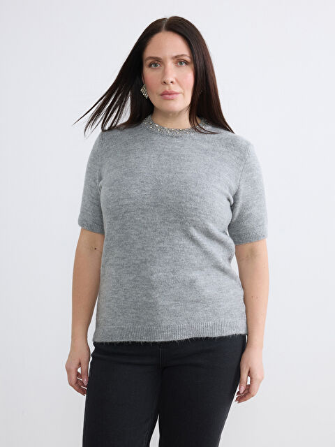 Soulife Büyük Beden Bisiklet Yaka Taşlı Kadın Triko Kazak - W5OO70Z8-CT3