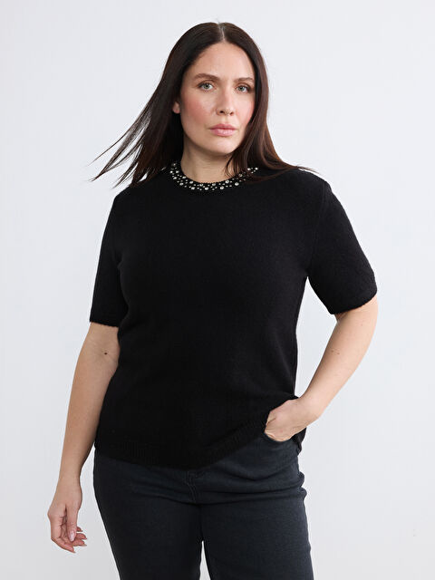 Soulife Büyük Beden Bisiklet Yaka Taşlı Kadın Triko Kazak - W5OO70Z8-CVL