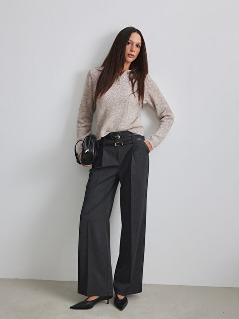 LCW Vision Beli Kemerli Geniş Paça Kadın Pileli Pantolon - W5OO83Z8-CZM