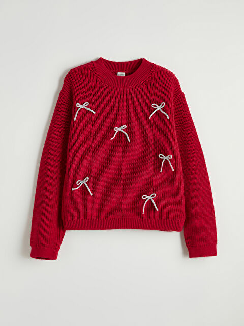 LCW Kids Bisiklet Yaka Fiyonk Detaylı Kız Çocuk Triko Kazak - W5OO93Z4-HJY