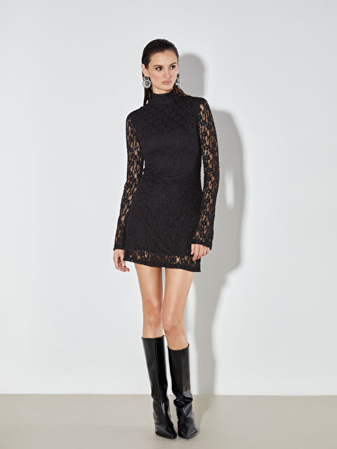 Soulife Dik Yaka Dantelli Büzgülü Mini Elbise	 - W5OP00Z8-CVL